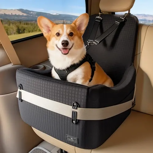 PETSFIT Black Dog Booster Car Seat for Small/Medium Dogs Up to 35 lbs - Patented Safety System with Buckle, Straps & Seatbelt Anchors, 5" Dual-Sided Egg Memory Foam, Fully Detachable Washable Cover, Front/Back Seat Use