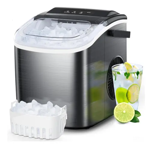 COWSAR Countertop Ice Cubes Maker - Stainless Steel or ABS Plastic, 26.5lbs/24Hrs, 6 Mins/9 Pcs Bullet Ice, Self-Cleaning, Portable for Kitchen, RV