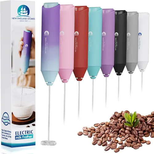 New England Stories Cordless Stainless Steel Milk Frother - Steel Whisk, 5 oz Milk Foaming Tool, High-Speed Motor, AA Battery-Powered, Small Size, Without Stand, Compact Easy-to-Use Wand, Auto Cleaning Kitchen Accessory for Lattes, Cappuccinos