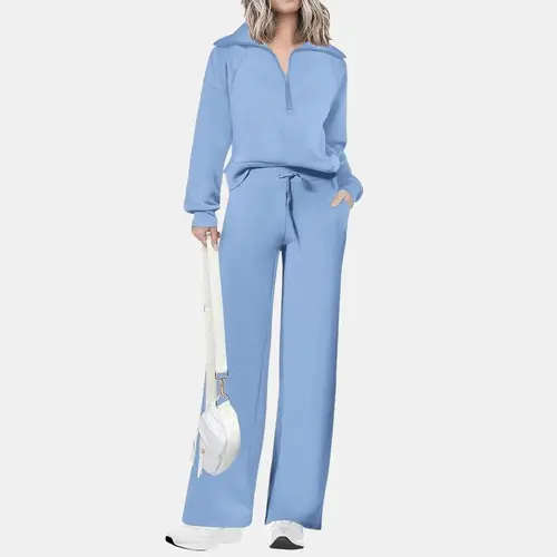 PRETTYGARDEN Women's Casual 2-Piece Sweatsuit Set - Half Zip Pullover Sweatshirt & Wide Leg Pants with Drawstring - Matching Tops & Sweatpants for Comfort
