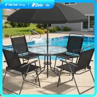 Walsunny 6 Piece Patio Dining Set for 4 with Umbrella, Outdoor Table and Chairs with 4 Folding Dining Chairs & Round Glass Table for Garden, Backyard and Poolside, Black and Coffee