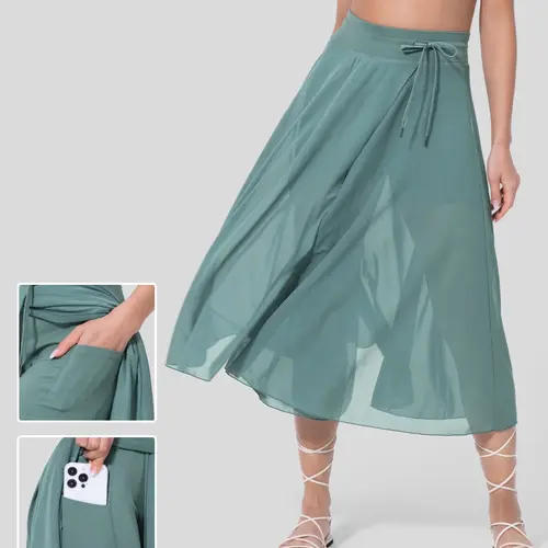 Halara High Waisted Drawstring Contrast Mesh 2-in-1 Side Pocket Flowy Midi Flare Casual Skirt #BackToSchool