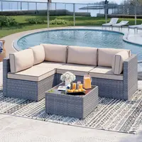 Walsunny 5 Pieces Patio Furniture, Outdoor Sectional Sofa Set, Wicker Couch with Ottoman and Storage Table All-Weather Anti-Slip Cushions, Silver and Khaki
