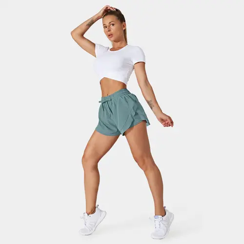 Halara Mid Rise Drawstring Contrast Mesh 2-in-1 Flowy Running Shorts 3'' #BackToSchool