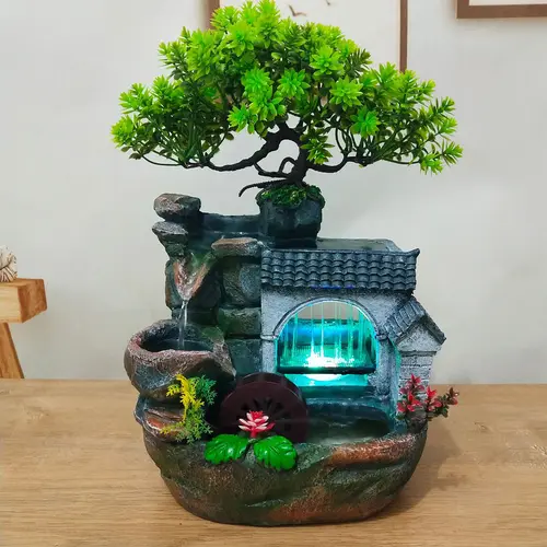 CNCEST Desktop Mini LED Waterfall Fountain - Resin Figure, Rock Plant Accent, Modern Statue, Stress Relief Meditation Ornament, Women's Gifts, US Standard Office Home Decor, Cool Room Decor, Aesthetic Room Decorations,dorm decor,dorm room decor,sohochic
