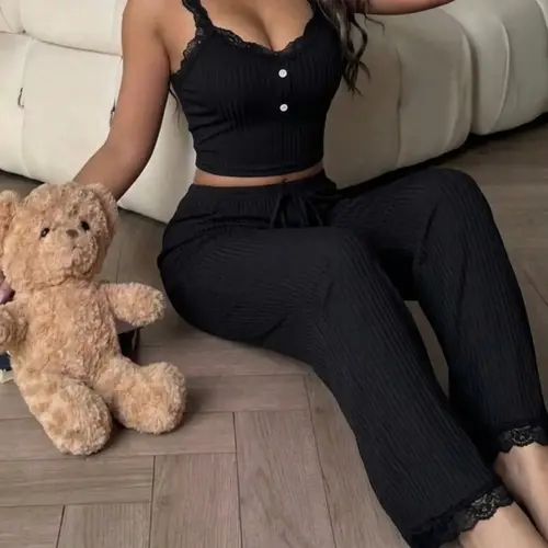 Lace Trim Casual Tank Top Women Set, V-Neck Sleeveless Blouse and Loose Ankle-Length Pants, Comfortable Home Wear Pajamas Nightwear