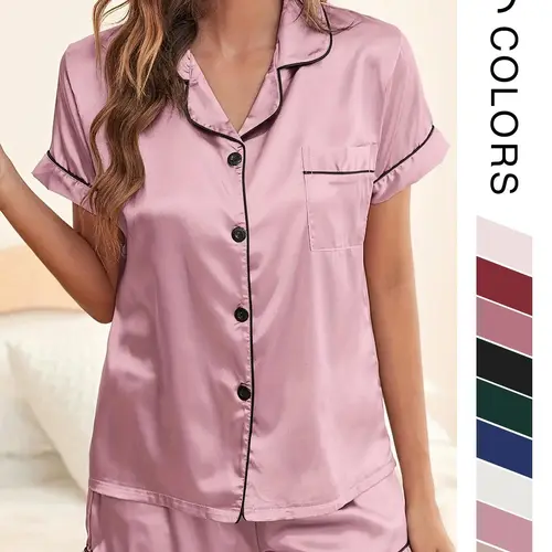 Two/Four/Six Counts Women's Satin Pyjama Lounge Co-ord Set, Lapel Collar Button Front Pocket Blouse & Contrast Binding Elastic Waist Pj Shorts Pajama Set, Lady Homewear for Summer, Back To School Wear Black Girl Wear Valentine's Day, gift