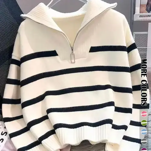 Women's Fashion Striped Print Zipper Drop Shoulder Sweater, Casual Long Sleeve Collared Jumper for Daily Outdoor Wear, Women Knitwear Top for Fall & Winter, National Day Clothing