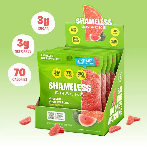 Shameless Snacks Wassup Watermelon Real Fruit Juicy Sour-Sweet Natural Gummies Pack - 6 Individually Wrapped Low Sugar Sour Chewy Candy Fruit Snacks, Sucralose, Erythritol, Keto, Vegan, Gluten-Free, Low-Calorie, 3g Net Carbs, 3g Sugar, 70 Calories per Bag