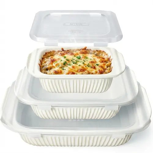Artena 3-Piece Durable Ceramic Casserole Bakeware Set - 5.1 qt Large, 2.3 qt Medium White Baking Dish with Lids, Rectangular Deep Oven-Safe Lasagna Dish, Heat-Proof Handles, Microwave-Dishwasher Safe for Foodie Weddings, Meal Prep