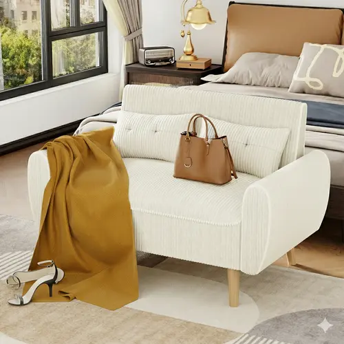 Walsunny Chaise Lounge, 48" Small Modern Loveseat Sofa Couch, Modular luxury Linen Fabric Settee Daybed Furniture with Back Cushions for Living Room, Apartment, Beige