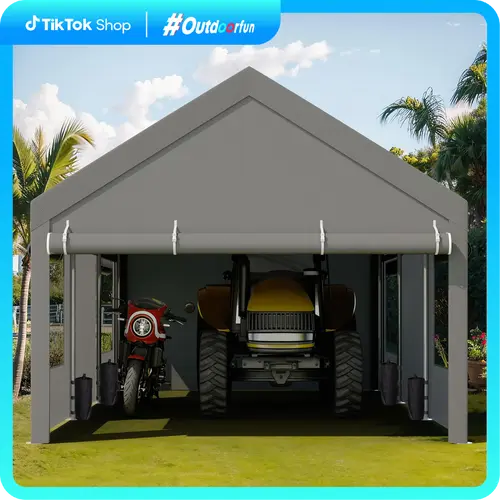 Walsunny Carport 12x20ft Outdoor Car Canopy Portable Garage, Heavy Duty Shed Tent Gazebo Port with Roll-up Ventilated Windows & Removable Sidewalls Shelter Storage Vehicle Party Moisture Prevention for Camp, Farm, Tool, Grey, Khaki, White,Durable Pvc