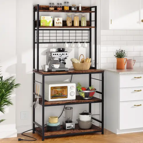 Walsunny 65'' Bakers Rack with Power Outlet,10 Hooks Microwave Stand, Coffee Bar with Metal Wire Panel, Kitchen Storage Shelf, Rustic Brown