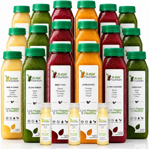 3 Day Juice Cleanse Detox by RAW Fountain, RAW Cold Pressed Juices, All Natural, No Gluten, No Wheat, No Artificial Flavors, 18x 12oz Bottles, 3 Ginger Shots 2oz