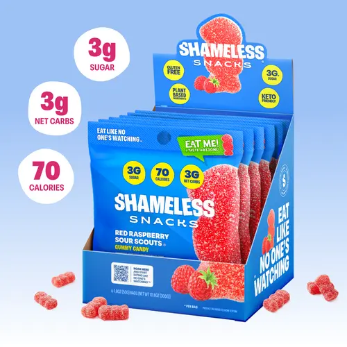 Shameless Snacks Raspberry Sour Scouts Candies - Low Sugar, Carb & Calorie Healthy Candy, Delicious Gluten Free Gummy Treats, Gummies Fruit Snacks Indulgent Bonbons