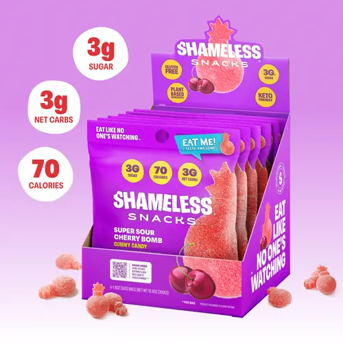 Super Sour Cherry Bomb - Keto & Vegan Gummies (6 Bags), 3g Net Carbs, 3g Sugar, Gluten-Free, 70 calories per bag, sweet snack Bonbon Candy, Gummy Food, Extreme Sour Gummy