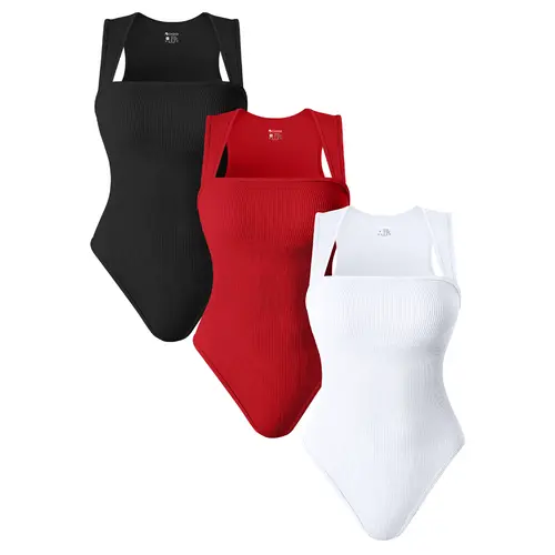 OQQfitness Womenswear 3 Piece Bodysuits Stretchy Underwear Sexy Ribbed Square Neck Sleeveless Stretchy Tank Tops Bodysuits Soft Lady,summerwins,summeroutfits,vacationoutfits,beachoutfits