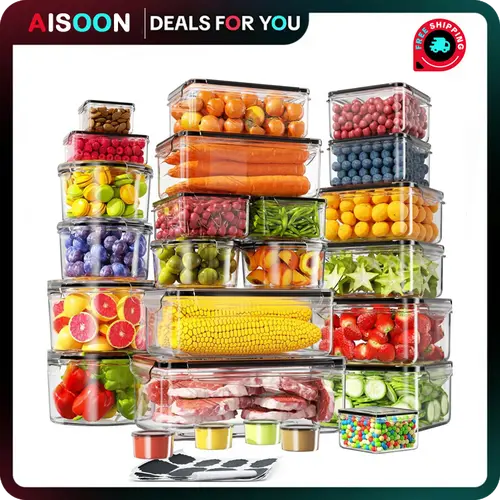 AISOON 50 PCS Reusable Stackable Food Storage Containers Set - Airtight BPA-Free Polypropylene Kitchen Canisters, 85oz Large Square&Round, Stack to Save Space, Anti-Leak Freezer-to-Microwave Gadgets, Washable with Labels & Washable Marker Pen
