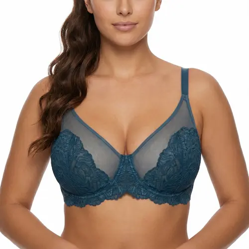 HSIA Blossom Unlined Plus Size Comfort Lace Sheer Mesh Full Coverage Underwire Non-Padded Bra Women Minimizer Bra