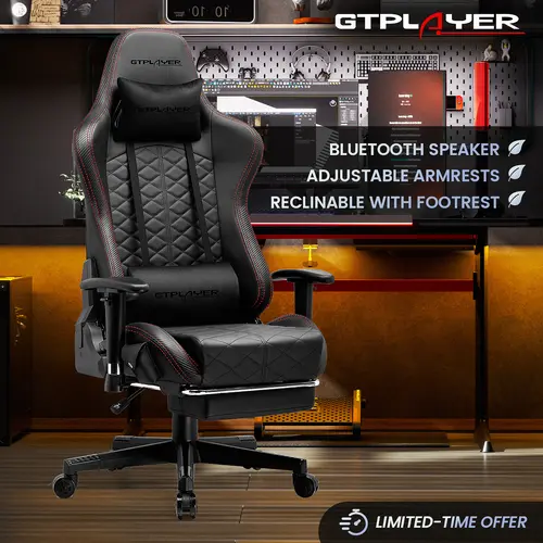 GTPLAYER PU Leather Rolling Gaming Chair - High-Back Ergonomic Office Desk Chair with Bluetooth Speakers, Lumbar Support, Height Adjustment, Footrest, Armrest, Comfy Seat, 330lbs Load Capacity, Adjustable Arms