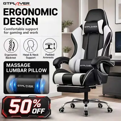GTPlayer Classic Ergonomic Gaming Chair - PU Leather/Fabric Office Furniture, 360° Swivel Desk Chair with Padded Arms, Footrest, Lumbar Support, Headrest, Height Adjustment for Gamers, Man Cave Ideas, WFH Setup, Posture Fix, Low Back Pain Relief, Computer