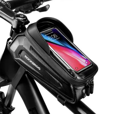 ROCKBROS EVA Waterproof Bike Phone Mount Bag - Ebike Accessories Pouch with Mesh Side Pockets, Top Tube/Front Frame/Handlebar Compatible for Phones Under 6.8”