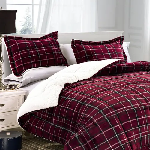 Elegant Comfort 3-Piece Plaid Micro-Suede Reversible Sherpa Comforter Set – Lodge-Style Cozy Warm Bedding