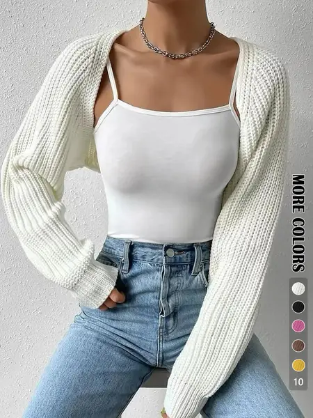 Women's Solid Raglan Sleeve Crop Cardigan Without Camisole, Casual Long Sleeve Knitwear for Spring & Fall, Women's Clothing for Daily Wear Everyday