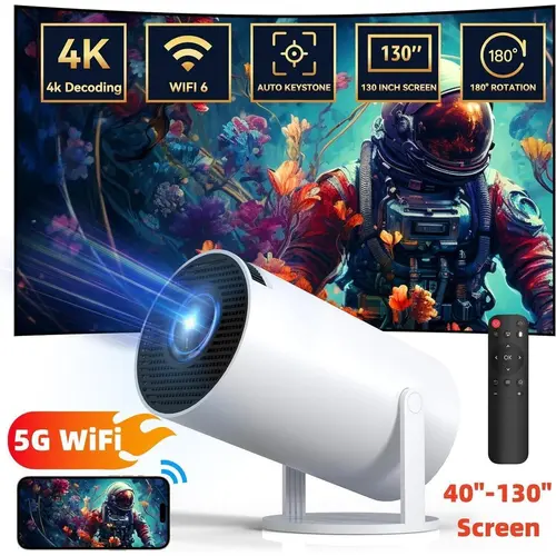 【BackToSchool】 Mini Projector HY300 PRO, 4K/200 ANSI, Auto Keystone, 2.4/5G WiFi, BT 5.0, 130" Screen, 180° Flip, Round Design, Portable Home Video Projector,for Valentine’s Day Gift,toolupgrade