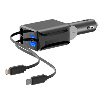 100W 4-in-1 Retractable Vehicle Charger, Fast-Charging Multiport Type C Adapter with Lightning Cable & Dual Ports – Type C Charging Auto Accessories Interior for Cars, iPhone, Samsung