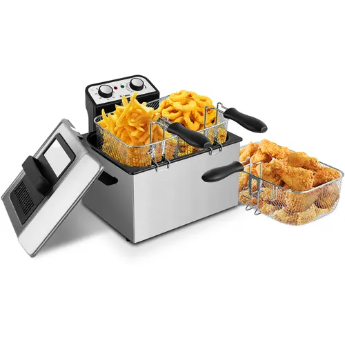 Pukomc Chrome Electric Deep Fryer with 3 Nonstick Baskets, 4.8 QT Oil Capacity, Cool Touch Sides, 1800W Immersed Heating Element, Adjustable Temperature (265°F to 375°F) with Absolute Control, Easy to Clean Fryer Fries Maker for Home Use,sohochic