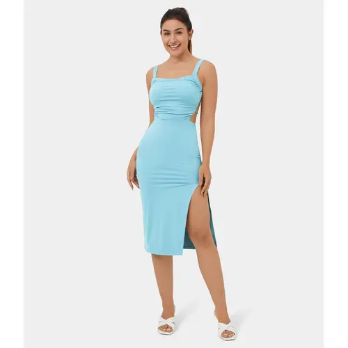 Halara Women's Sleeveless Ruched Backless Crisscross Lace-Up Split Bodycon Midi Sports Dress - Elegant Ruched Design, Elastic Fabric, Sexy, Casual Wear, Comfortable Elastane Summer Prom Wear #BackToSchool