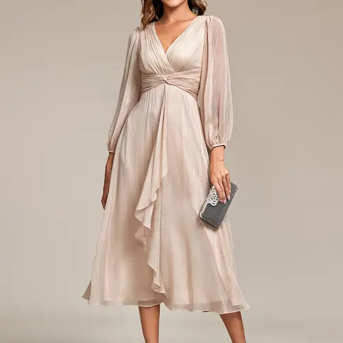 Ever-Pretty 2026 Spring Elegant & Flattering Chiffon Midi Dress with Deep V-Neck, Puff Sleeves and Twist Knot Waist – Size Inclusive for Special Occasions, – Wedding Guest & Evening Holiday Party Dress, Formal dress 01977