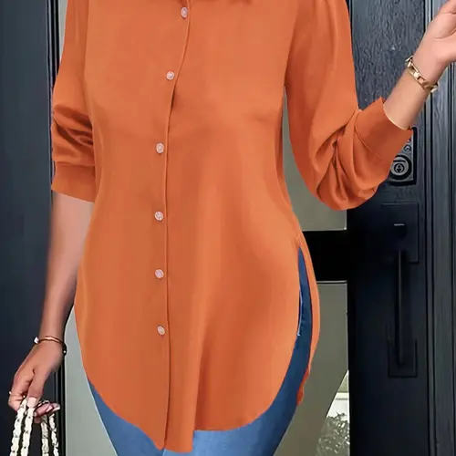 Women's Woven Plain / All Over Print Button Front Shirt, Casual Long Sleeve Collared Top for Spring & Fall, Women's Clothes