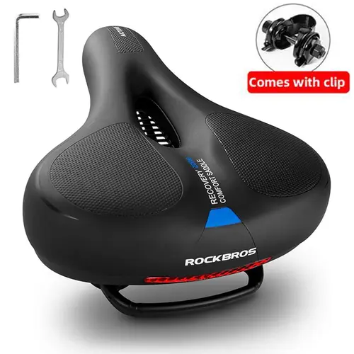 ROCKBROS Unisex PU Leather Soft Wide Bicycle Seat, Dual Shock-Absorbing Saddle with Reflective Strips, Road Bike/Ebike Mountain Bicycle Accessories