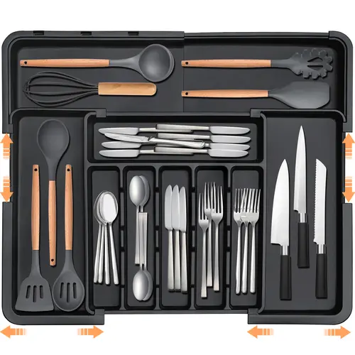【SUHOPE】Summer Super Deal Silverware Organizer Expandable Kitchen Utensil Drawer Organizer with 9 Compartment Large Cutlery Organizer Tray for Forks Knives 13" - 22"W ,14.5" - 19"L