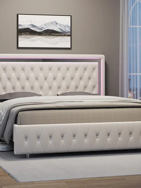 AMERLIFE Modern Bed Frame with RGB LED Lights, Adjustable Headboard Velvet Button Tufted/Acrylic Mirror Accents/Smart APP&Remote Control/No Box Spring Needed/Furniture Room/Full/Queen Size/Best Gift Ideas/Christmas Gifts[tiktokshopbacktoschool][SohoChic]