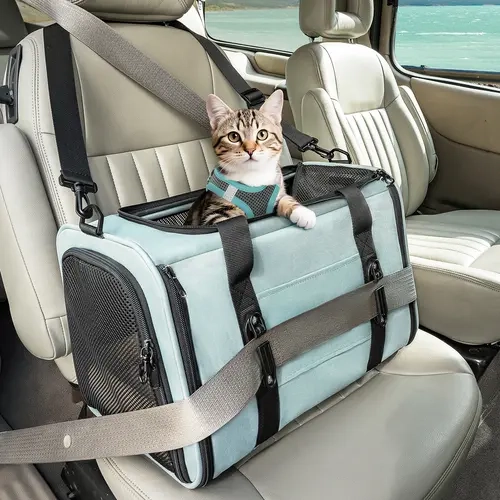PETSFIT Soft-Sided Fabric Cat Carrier - Patented Safety Buckles, Lockable Double Zippers, Safety Tether, Escape-Resistant, Ventilation Mesh View Panels, 12lb Capacity, Airline-Approved Under Seat, Easy-Carry for Car Rides, Vet Visits