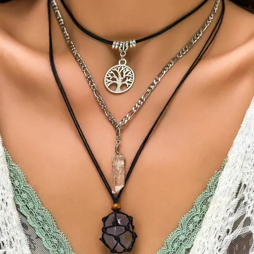 Women's Vintage Bohemian Style Artificial Crystal Decor Pendant Necklace without Box, 3pcs Exquisite Pendant Necklace, Fashionable Jewelry for Women, Trendy Charm Necklace, Chic Accessory, Ideal Gift, Boho Necklace, Crystal Pendants
