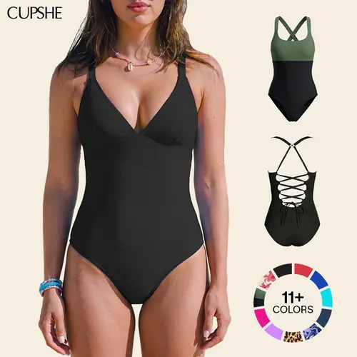 CUPSHE Women's 1 Piece Bathing Suit, Plunging V Neck, Body Shaping Shapewear, Tummy Control, Adjustable Lace Up Back, Bathing Suits Swimwear, Monokini, Summer Beach, Summerfinds#SohoChic