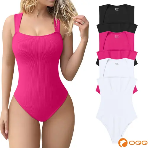 OQQ Women's 3 Piece Ribbed Bodysuits - Sexy Square Neck Sleeveless Tank Top Design - Stretchy  Soft Womenswear Underwear Lady Comfort Trendy