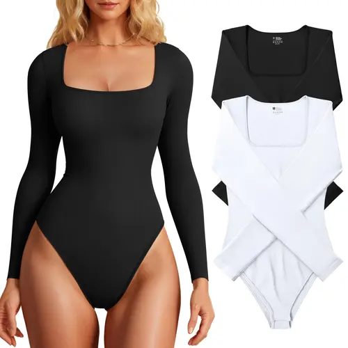OYS Women's 2 Piece Square Neck Long Sleeve Ribbed Shirts Leotard Bodysuit Tops Womenswear Basic Fitted Underwear Lady