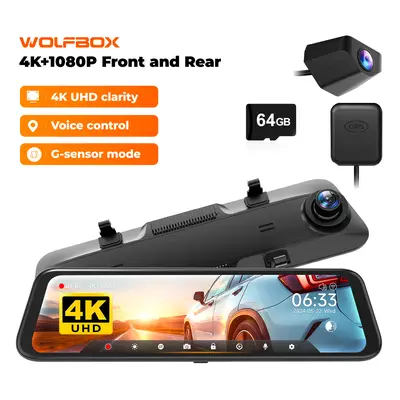 【FathersDayGift】WOLFBOX G850 4K UHD Rearview Mirror Backup Camera Dash Cam with GPS 64GB Card Loop Recording Privacy FathersDayGift Protection 24 Hours Recording 5.8GHz WiFi Connectivity Intelligent Voice Control WDR Super Night Vision