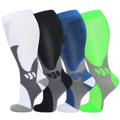 Isunie Plus Size Compression Socks for Men & Women, 4 Pairs 15–20 mmHg Knee-High, Graduated Compression, Leg Support, All-Day Comfort, Running, Hiking, Travel, Daily Wear