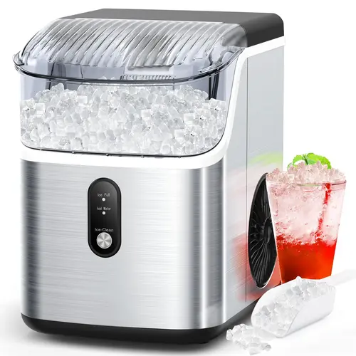 COWSAR Compact Countertop Pellet Icemachine - 1-Button Quick Ice Maker (34Lbs/Day), Soft Chewable Nugget Cubes, Self-Cleaning Portable Stainless Steel Countertop Ice Cube Makers, Pellet Ice Machine