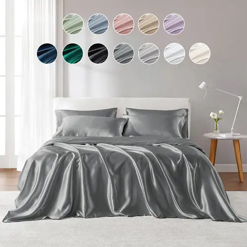 6-Piece Solid Color Satin Bedding Sets - 1 Flat Sheet, 1 Fitted Sheet, 4 Pillowcases, Luxurious with Natural Sheen and Silky Glide on Skin