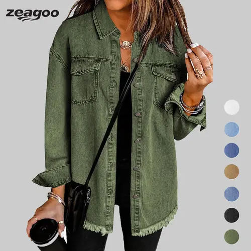 Women’s Jean Jackets for Women Ripped Fringe Denim Jean Jacket Casual Long Sleeve Pockets Jackets Coat Fabric Fashion Womenswear Soft  – Back to School Outfit Idea summerwins