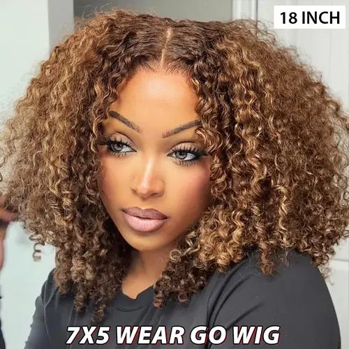 CurlyMe Wear Go Glueless Kinky Curly P4/27 Highlight Ombre Color Human Hair Wig 180% Density 7x5 Pre-cut Transparent Lace Front Wig Pre-plucked Natural Hairline Shipping in 24H #SohoChic #TikTokShopBackToSchool