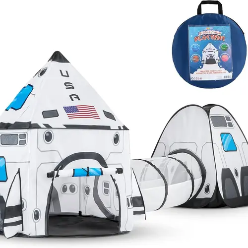 White Rocket Ship Pop up Play Tent with Tunnel and Playhouse Indoor Outdoor Spaceship Tent Set, Christmas Gifts for Kids Outdoor Play Toy Boys