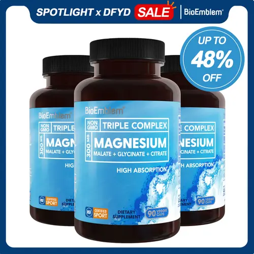 BioEmblem Triple Magnesium Complex Dietary Supplement - 300mg Glycinate, Malate, Citrate for Fitness, Muscle, Nerve Health - Vegan, GMO-Free, GMP-Certified Mineral Capsules (270 Count) for Healthcare, Bone Density, Brain Health
